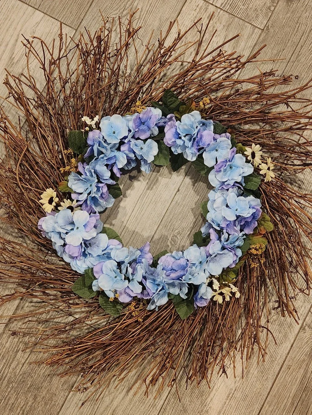 Handmade Summer Blue Hydrangea Grapevine Wreath Rustic Farmhouse Door Decor